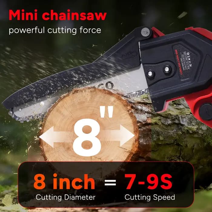 OUTIGO Tronçonneuse à batterie, Tronçonneuse 8 pouces,  2*4000mah, MINI Tronçonneuse sans fil, 4 cha