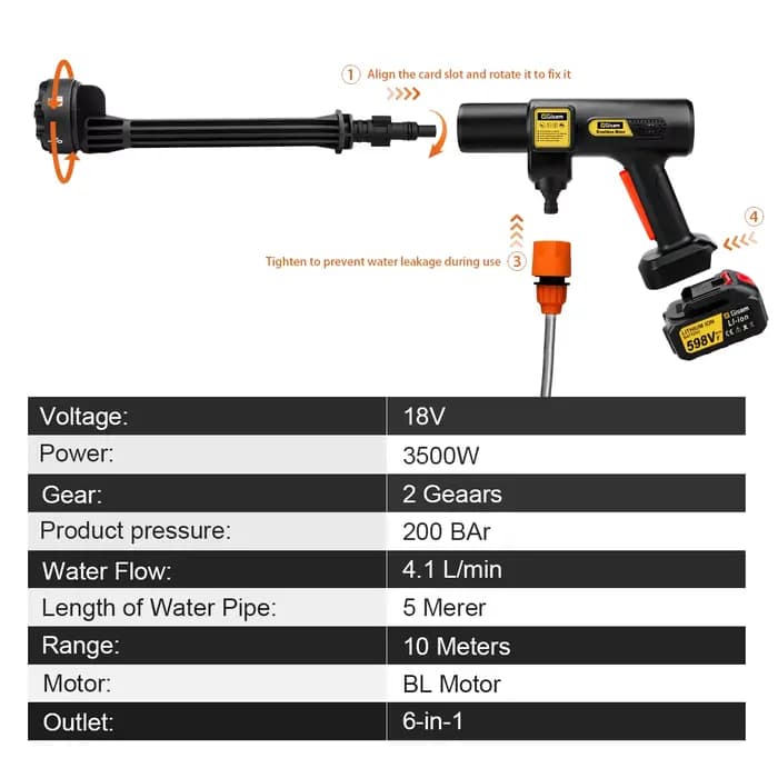 Gami 200Bar laveuse haute pression électrique sans brosse 6-en-1 lavage de voiture pistolet à eau de