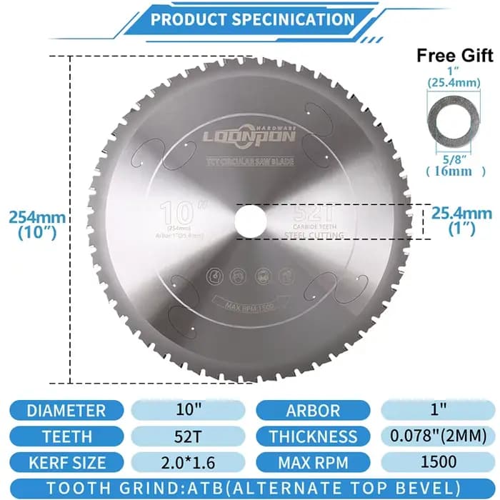 Lame de scie circulaire de coupe à froid en métal 254mm/10 pouces 52T pour aluminium fer acier disqu