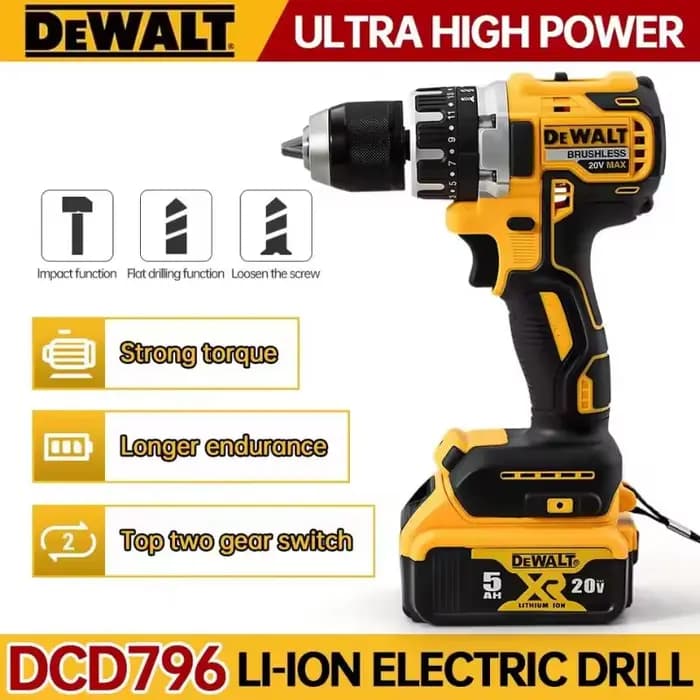 Dewalt DCD796 13mm perceuse électrique à percussion sans brosse tournevis sans fil multifonctionnel batterie Rechargeable 20V outils électriques