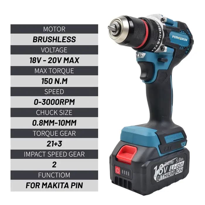 FORGEKIN Perceuse-visseuse sans fil à batterie lithium-ion, outil de perçage électrique rechargeable pour bricolage domestique, compatible avec les batteries Makita