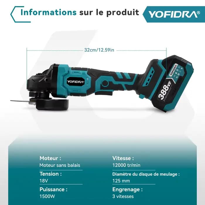 YOFIDRA 125mm meuleuse d'angle électrique sans brosse 3 vitesses polisseuse sans fil coupe outil
