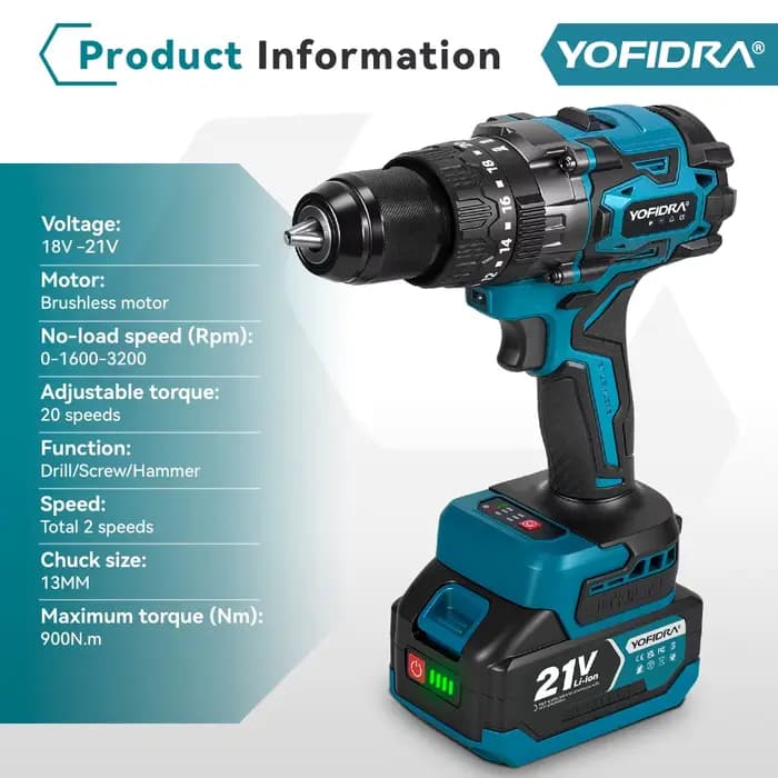 YOFIDRA 900N.M 3200 tr/min perceuse à percussion électrique sans brosse 13mm marteau
