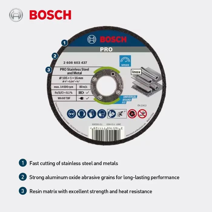 Disque de coupe en acier inoxydable ultra-fin Bosch Pro 105/125 mm pour meuleuse d'angle