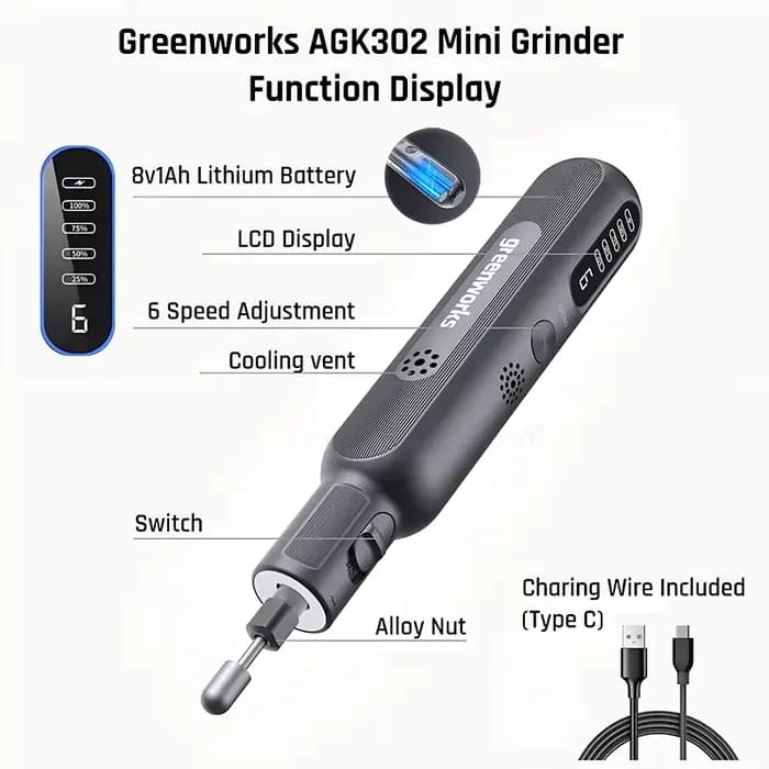 Mini-meuleuse sans fil Greenworks 8V 80W 52 pièces