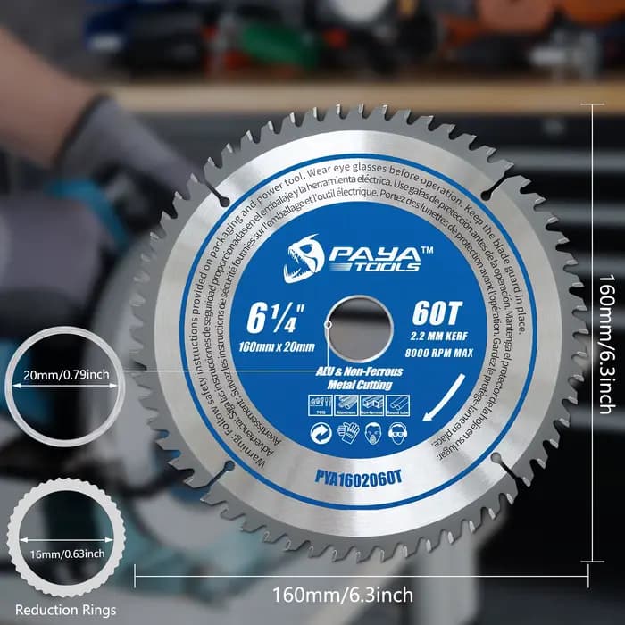 Lame de scie circulaire PAYA 6-1/4" 60T TCG pour la coupe de l'aluminium