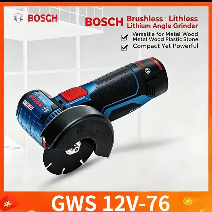 Nouvelle meuleuse miniature Bosch GWS 12V-76, blocage du mandrin pour un changement rapide des disques, boîtier durable pour un usage domestique et professionnel léger