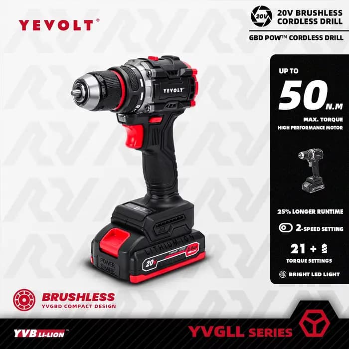 YEVOLT perceuse électrique 20V sans brosse Li-ion Compact sans fil 21 + 1 pilote tournevis à main outils électriques série YVGBD20DU2