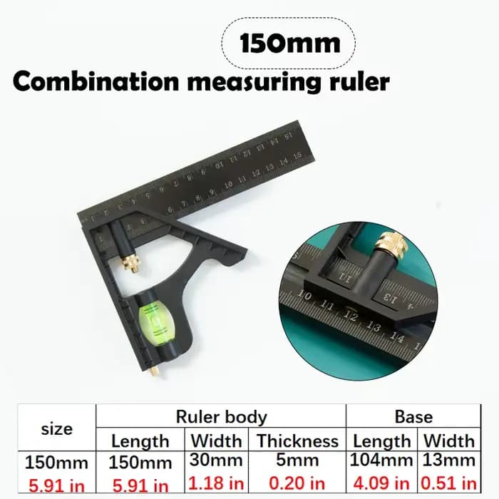 Règle mobile combinée multifonctionnelle 150/200/250mm, rapporteur d'angle, aligneur de niveau, incl