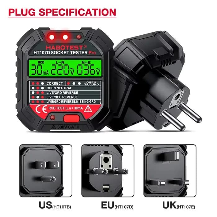 HABOTEST HT107 Pro testeur de prise Test de tension détecteur de prise ue terre zéro ligne prise pol
