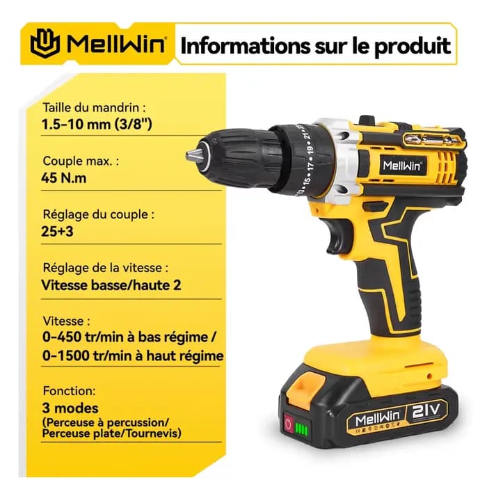 MELLWIN – perceuse à percussion électrique à couple 25 + 3