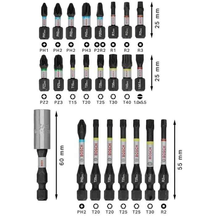 Jeu de 24 embouts de tournevis à percussion magnétiques BOSCH PRO pour perceuse