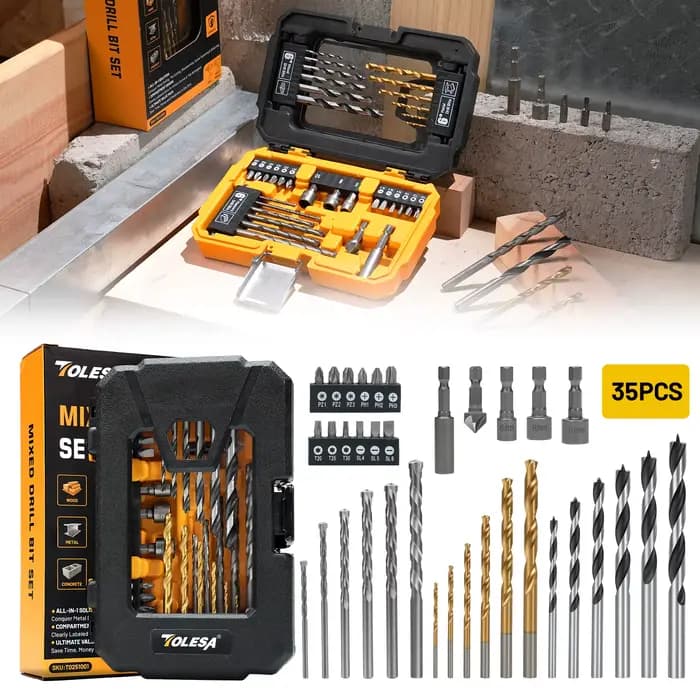 TOLESA 35 pièces perceuse et tournevis multi-embouts ensemble de forets avec mallette de rangement jeu