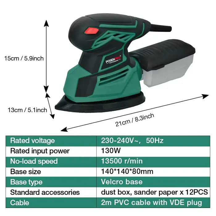 Ponceuse électrique multi-détails 130W avec port d'extraction de poussière et 12 feuilles de papier de ponçage pour la décoration intérieure et le traitement du mobilier