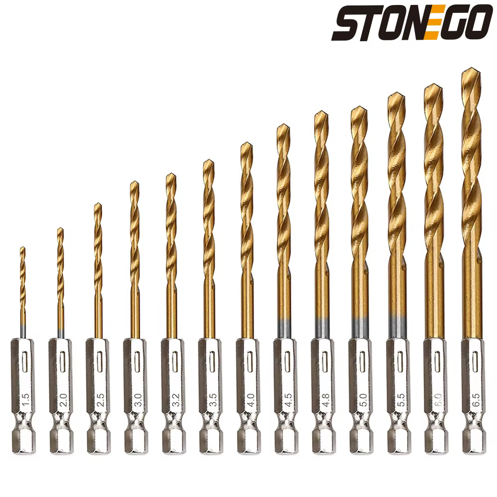 STONEGO 13 pièces 1.5mm-6.5mm jeu de forets titane enduit acier rapide tige hexagonale ouvre-trou po