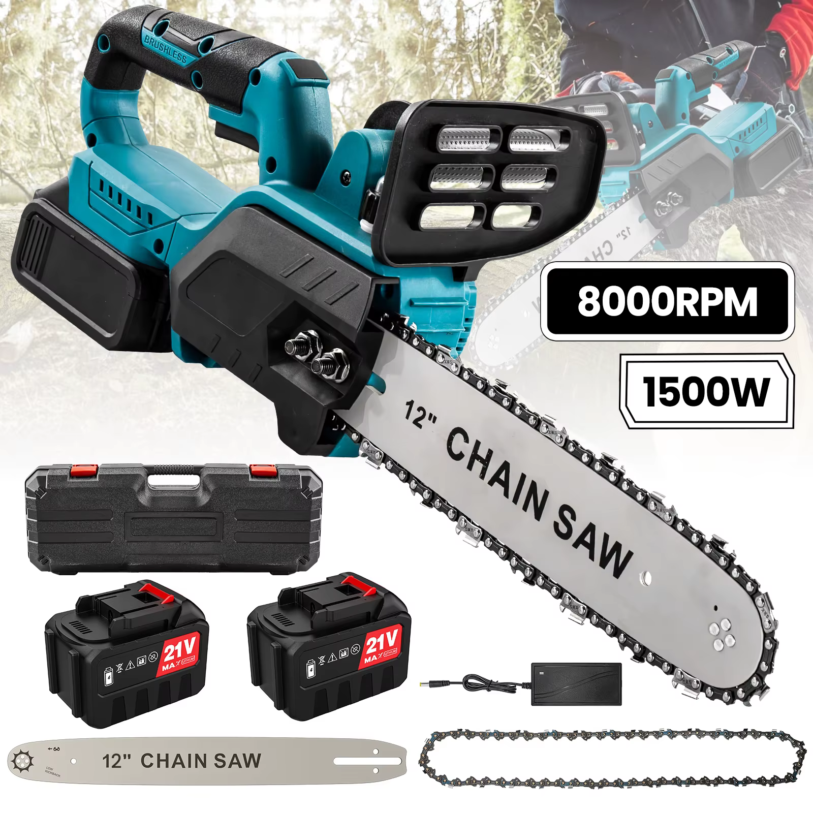 1500W Brushless 12Inch Electric Chainsaw Cordless Pruning Woodworking Power Tool Handheld Garden Cut