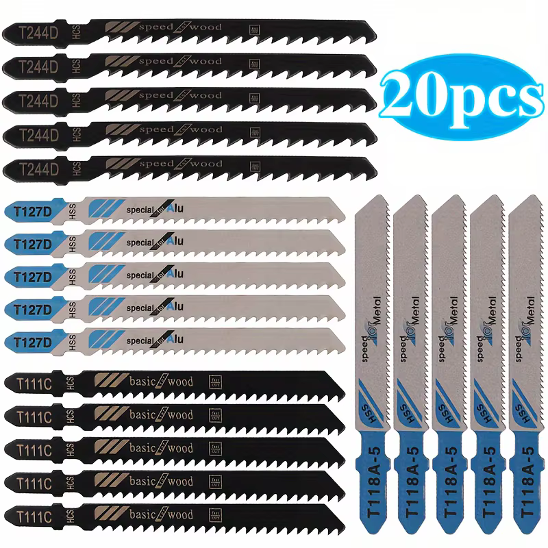 Ensemble de lames de scie sauteuse à tige en T - Lames HCS et HSS assorties pour couper le bois, le 