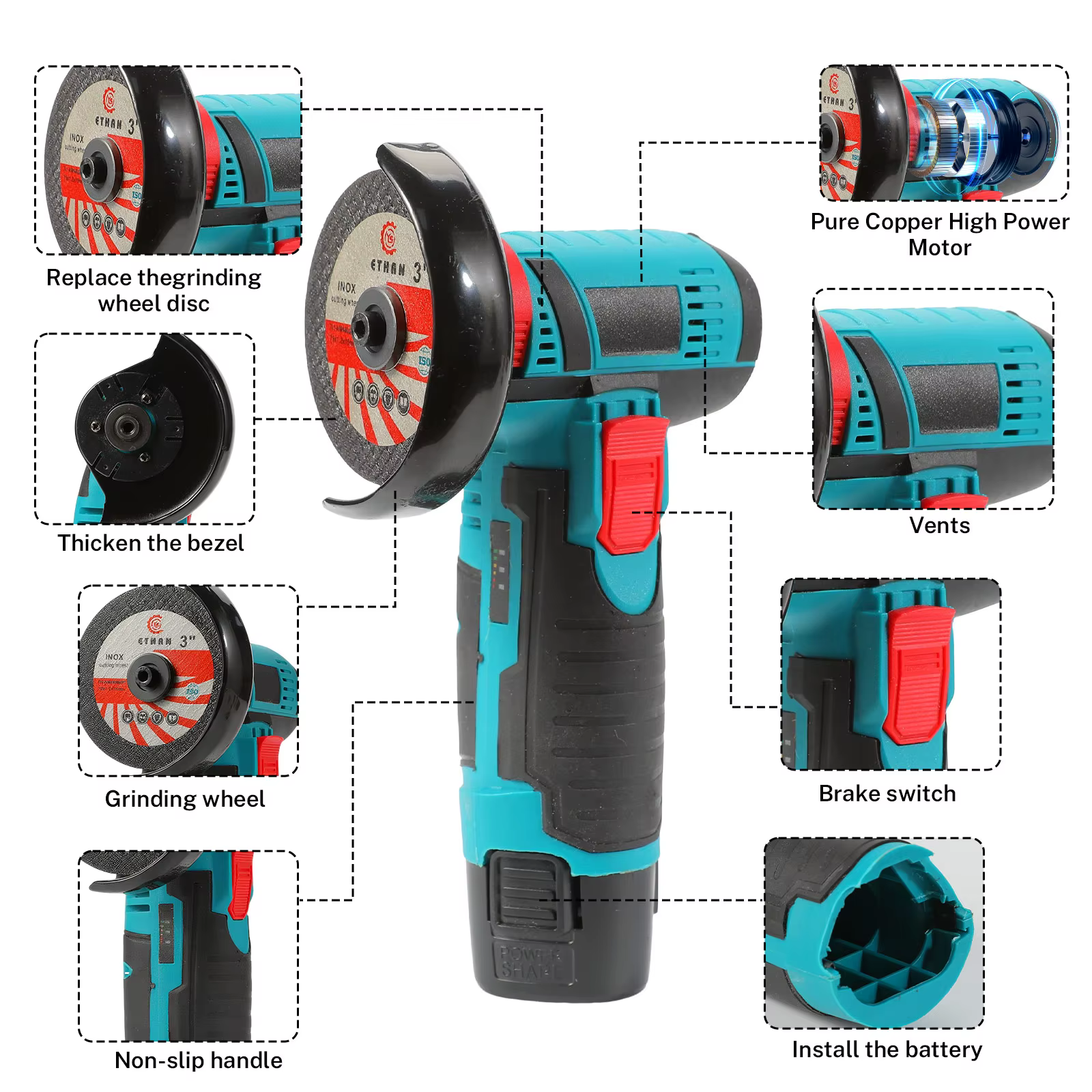Kit de meuleuse d'angle sans fil 12V, batterie au Lithium Rechargeable 19500 tr/min, Mini machines-o