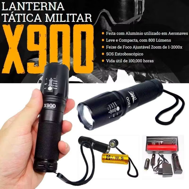NEVERDIE-Lanterne Militaire/Tactique/Opéracionnel X900 LED Potentive Recarregável Com Zoom In/Out-EN