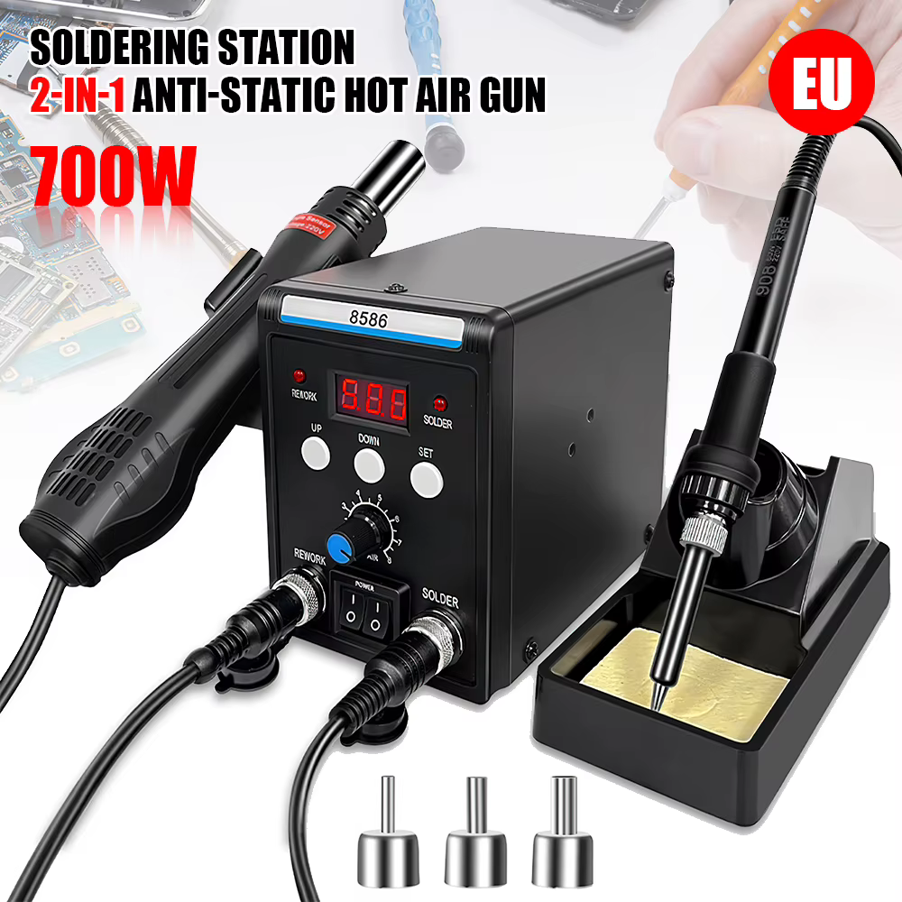 Station de soudage 2 en 1 JCD 8586D 220V avec pistolet à air chaud et 2 écrans numériques, mode veil