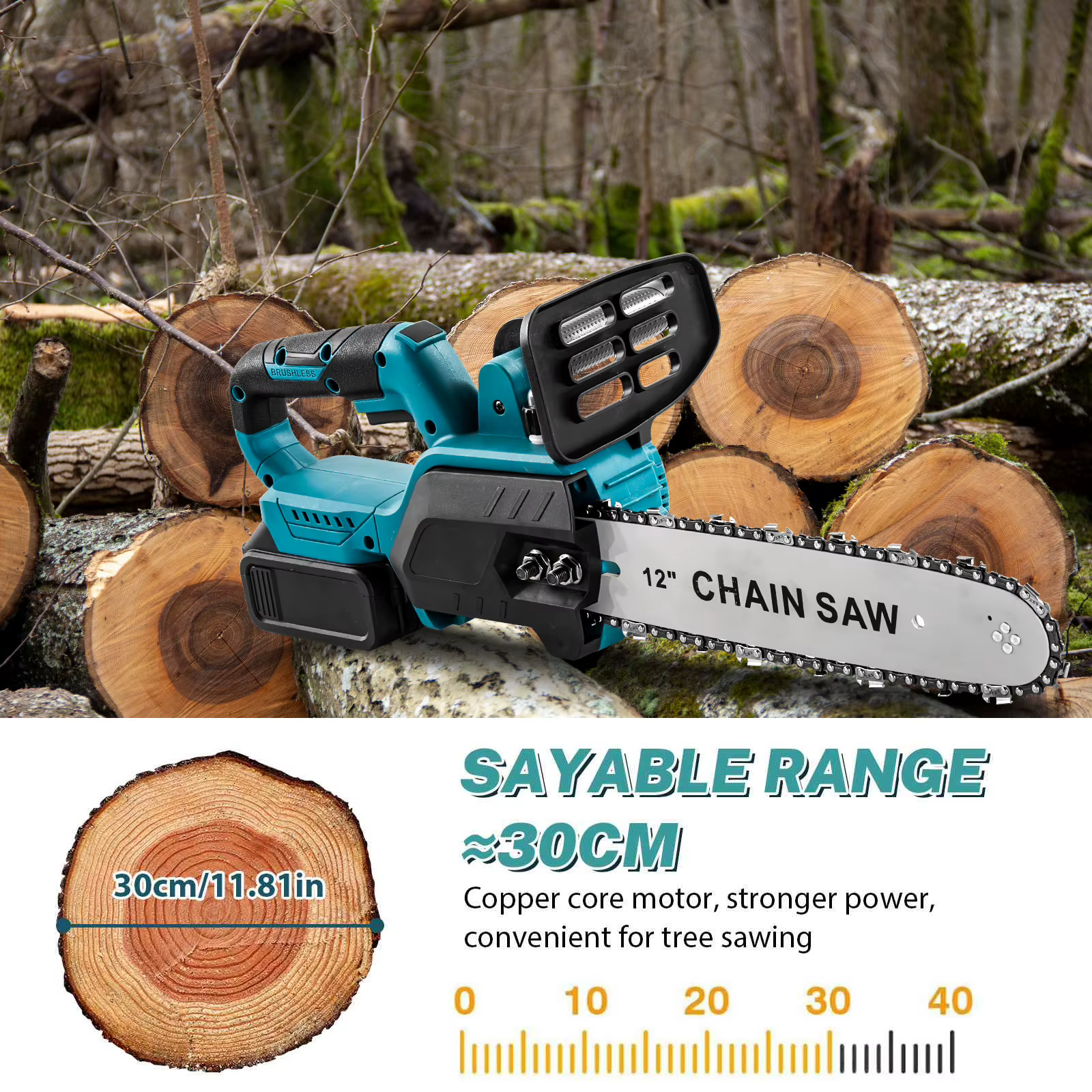 1500W Brushless 12Inch Electric Chainsaw Cordless Pruning Woodworking Power Tool Handheld Garden Cut