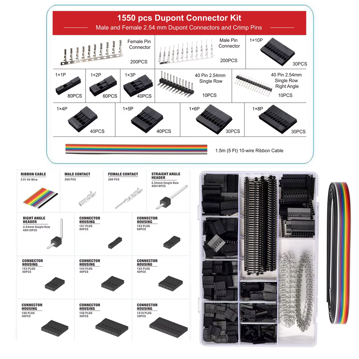 SN-01BM Kit d'outils de sertissage pince à sertir à cliquet avec 1550 connecteurs Dupont 2.54mm et 7