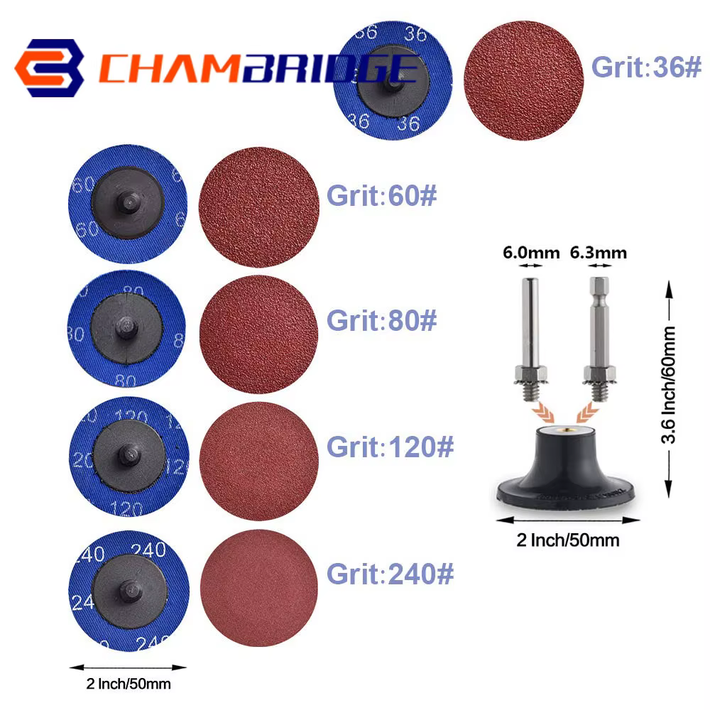 Jeu de disques de ponçage à changement rapide de Type R de 50mm, en zircone de 2 pouces avec support