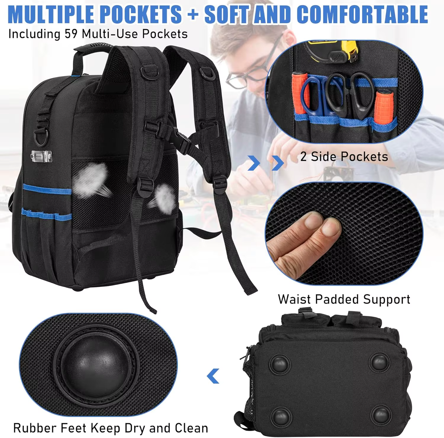 Sac à dos à outils, sac à outils robuste avec épaule rembourrée et organisateur d'outils amovible, s