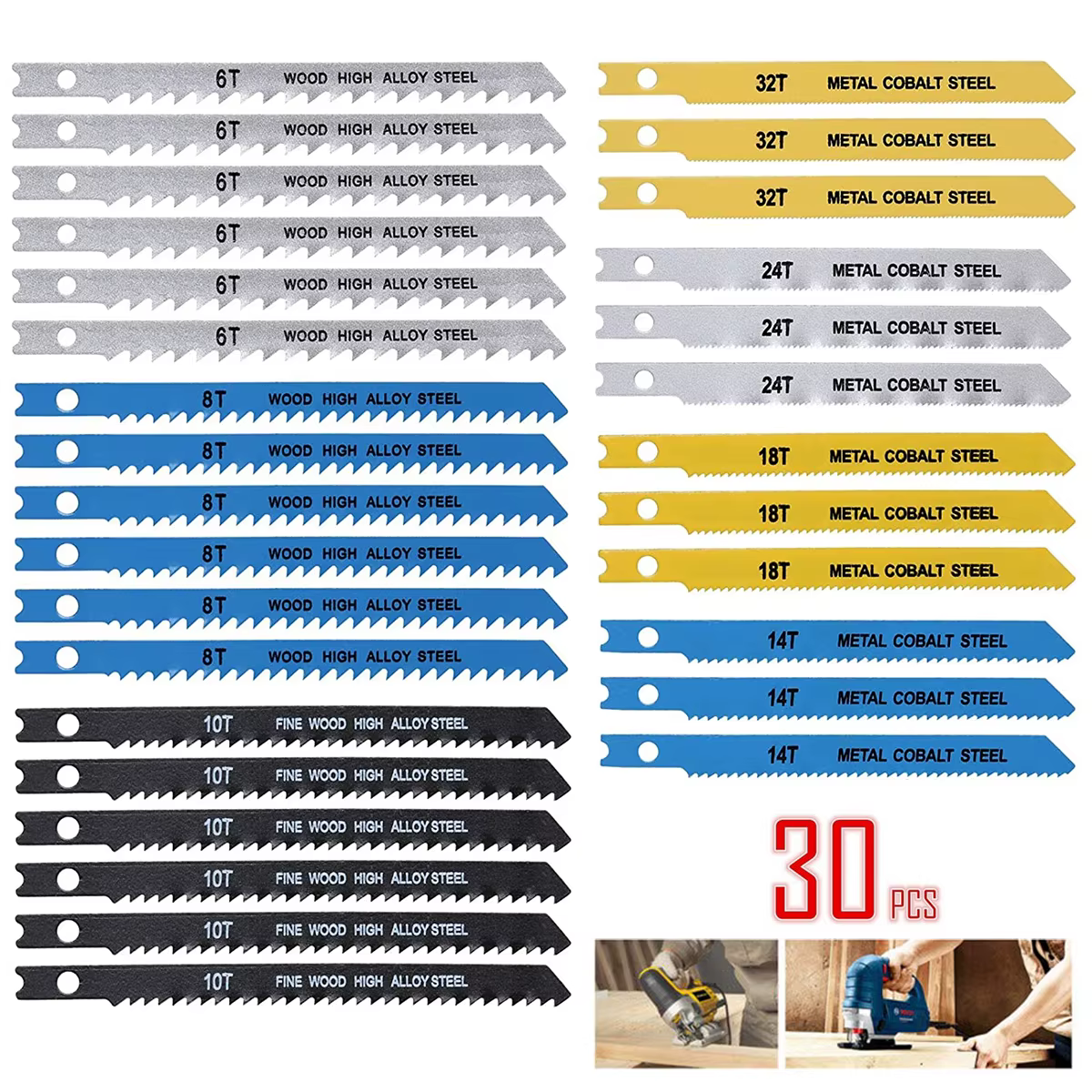 Jeu de 30 lames de scie sauteuse en acier au carbone 6/8/10/14/18/24/32TPI, assortiment de lames de 
