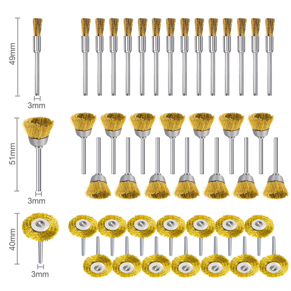 XCAN 45 pièces fil d'acier roue en laiton tasse brosse ensemble métal polissage roue 3mm tige pour D