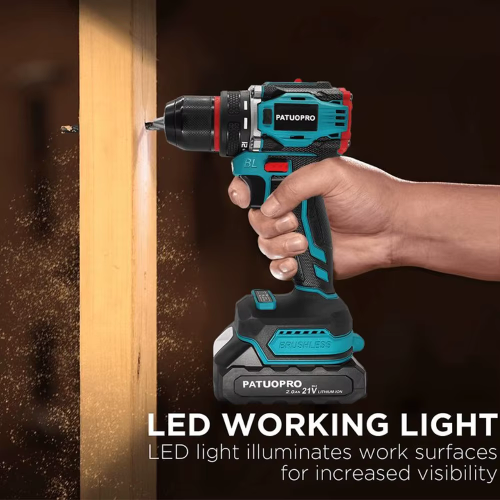 PATUOPRO – perceuse électrique sans fil sans balais, 10mm, mandrin métallique à 2 vitesses, tournevi