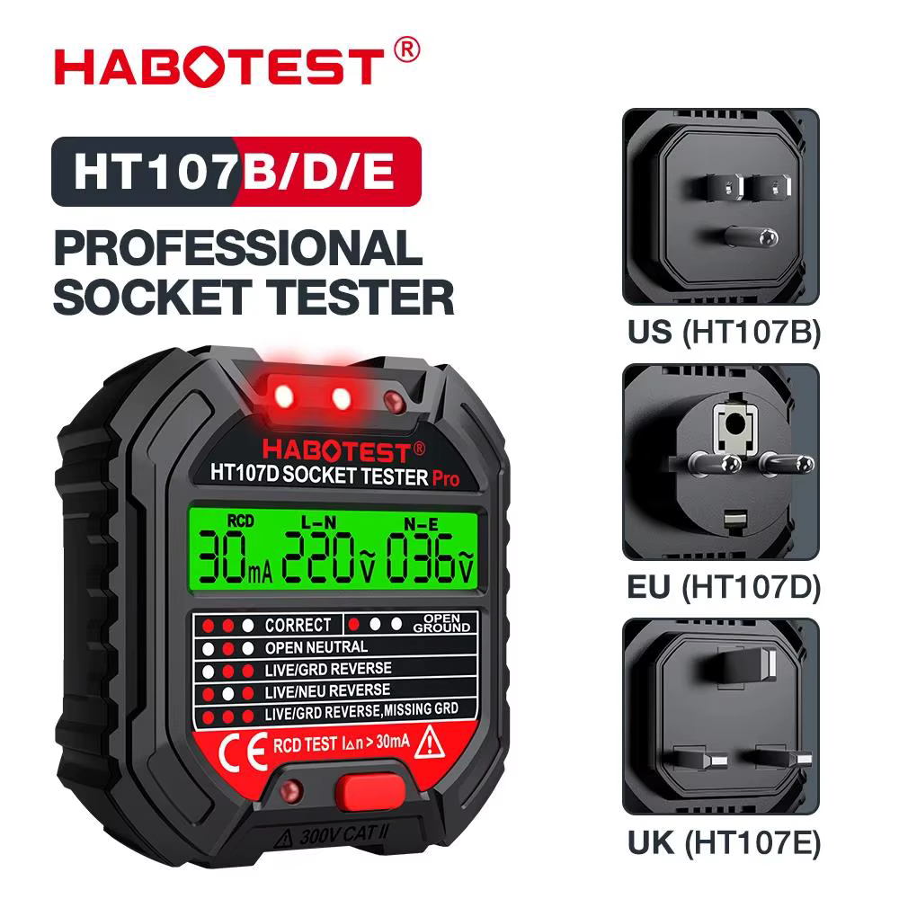 HABOTEST HT107 Pro testeur de prise Test de tension détecteur de prise ue terre zéro ligne prise pol
