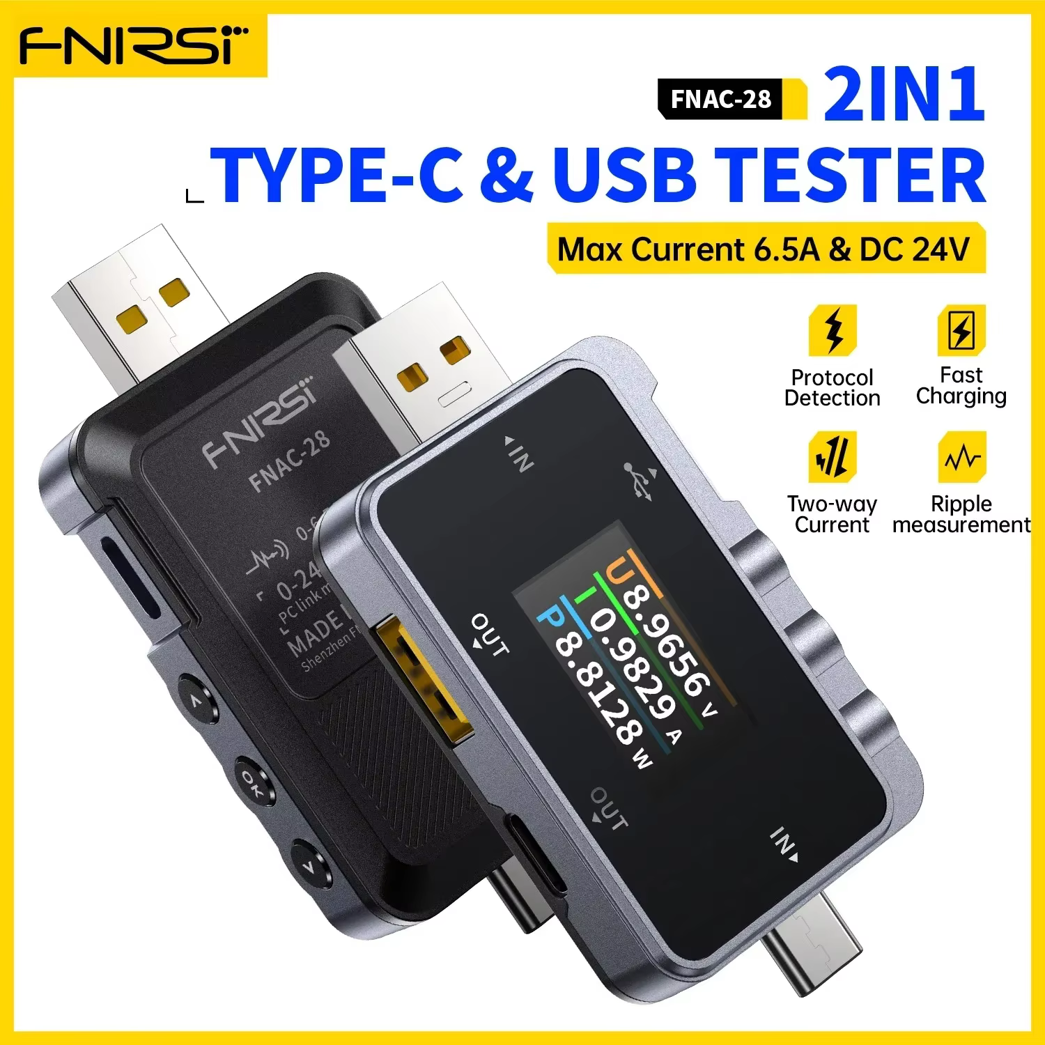 FNIRSI FNAC - Testeur USB 28 Type C - Un outil 2 en 1, 6,5 A, pour la mesure numérique de tension et