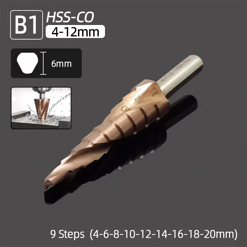 HSS CO M35 asile alt foret étagé, spirale conique, rainure droite, foret étagé conique, acier inoxyd