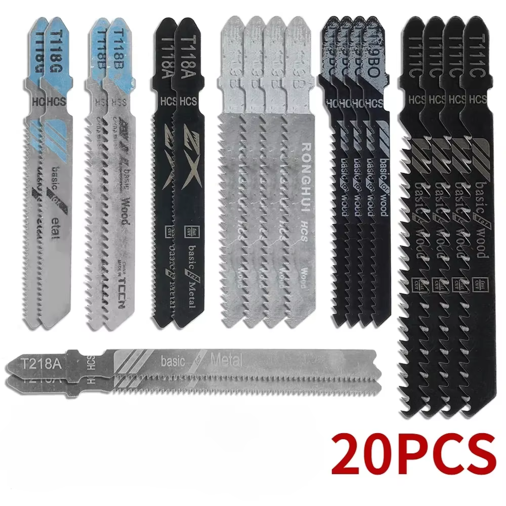 Lames de scie sauteuse HCS à tige en T, assorties, pour bois, plastique et aluminium, à dents fines 
