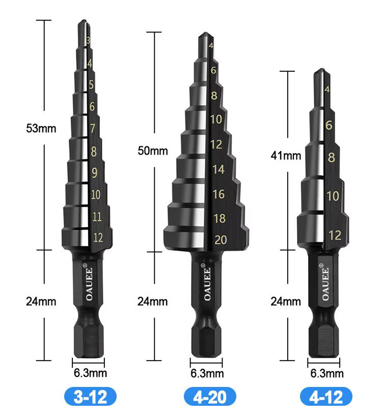 3Pcs HSS Droite Groove Étape Foret 3-12mm 4-12mm 4-20mm Nitrure Noir Hex Bois Métal Trou Cutter Core