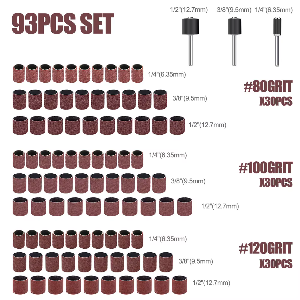Kit de tambour de ponçage, 93 pièces, bande de ponçage grain 80/100/120 avec mandrins de 3.175mm pou