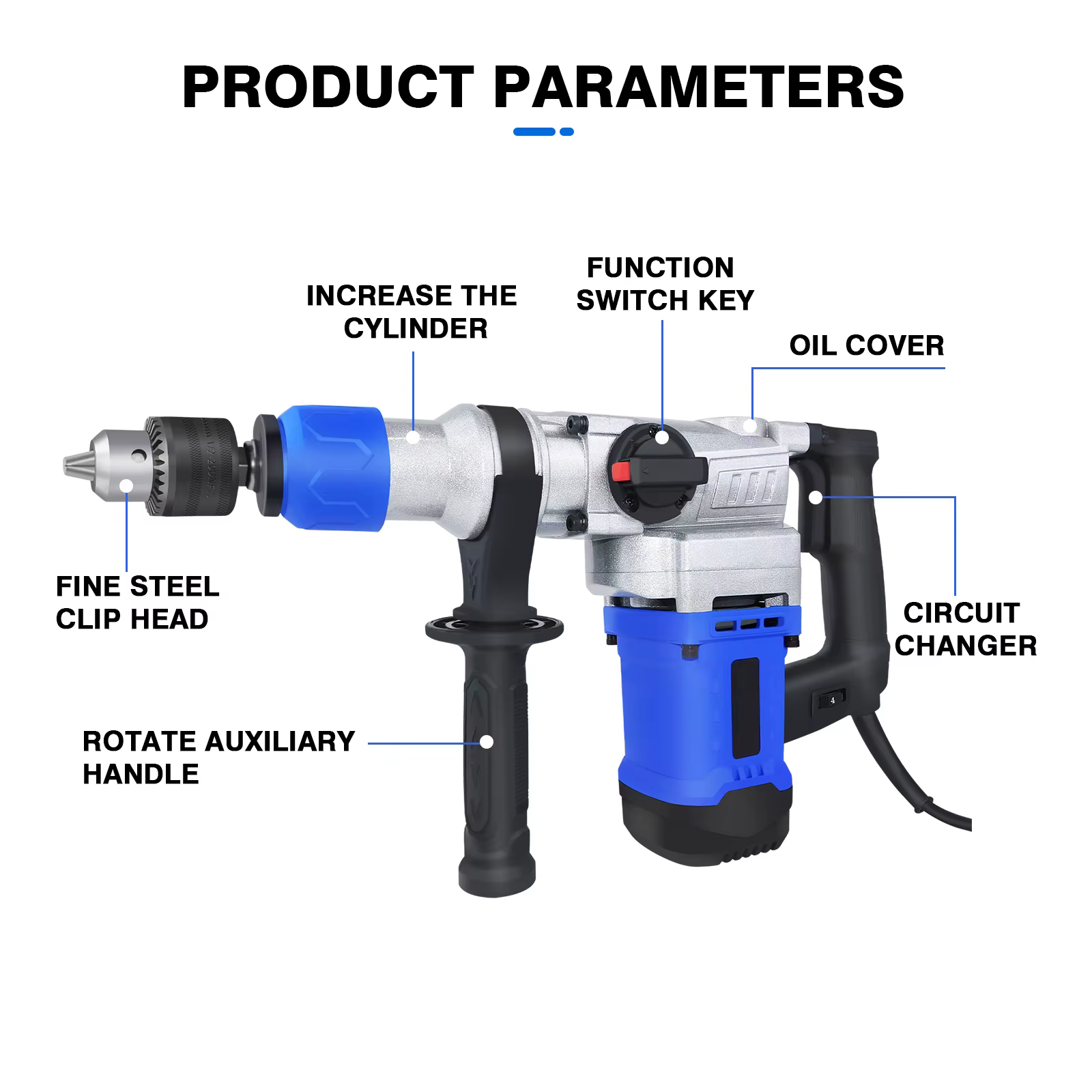 Perceuse à percussion rotative 1500W-6 vitesses réglables, 4 fonctions, marteau de démolition électr