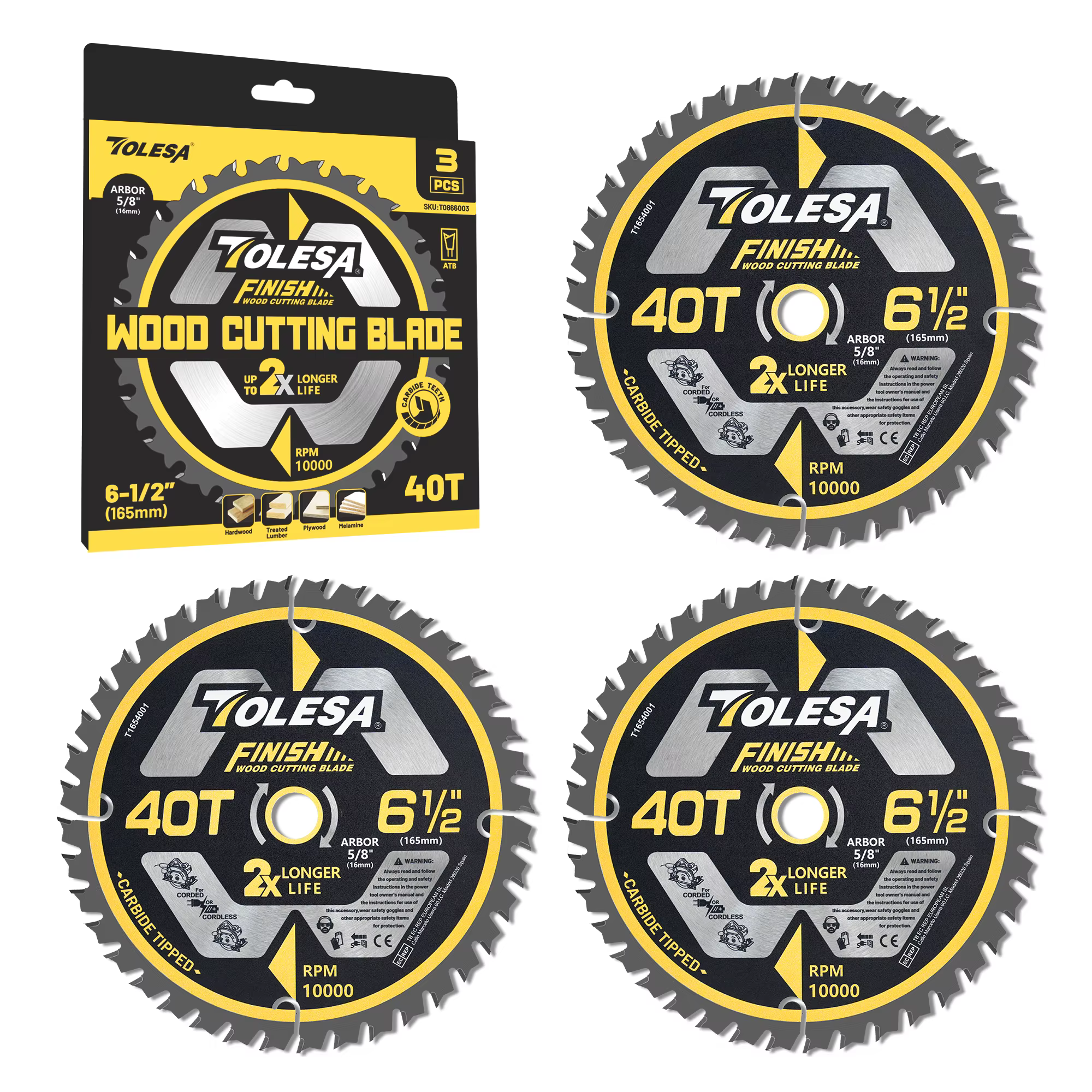 TOLESA Lot de 3 lames de scie circulaire de 6-1/2 po (40T / 60T) pour la découpe du bois, lames de s