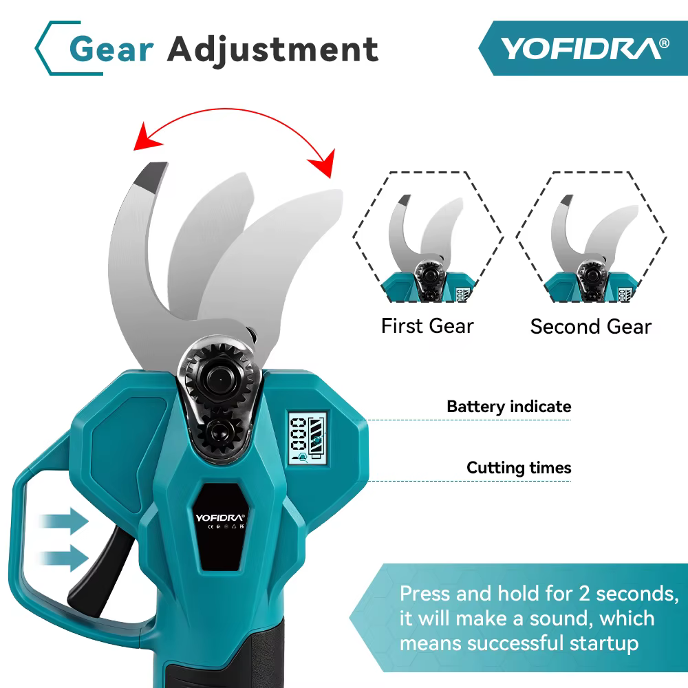 YOFIDRA 32mm cisaille électrique sans brosse 2 vitesses ciseaux sans fil Branches d'arbres outils de