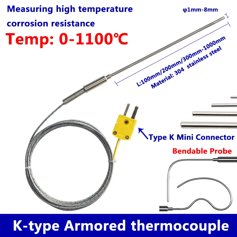 Fil de capteur pliable de Type K, Thermocouple blindé, 1mm//2mm/3mm-8mm de diamètre 100/200/300mm WR