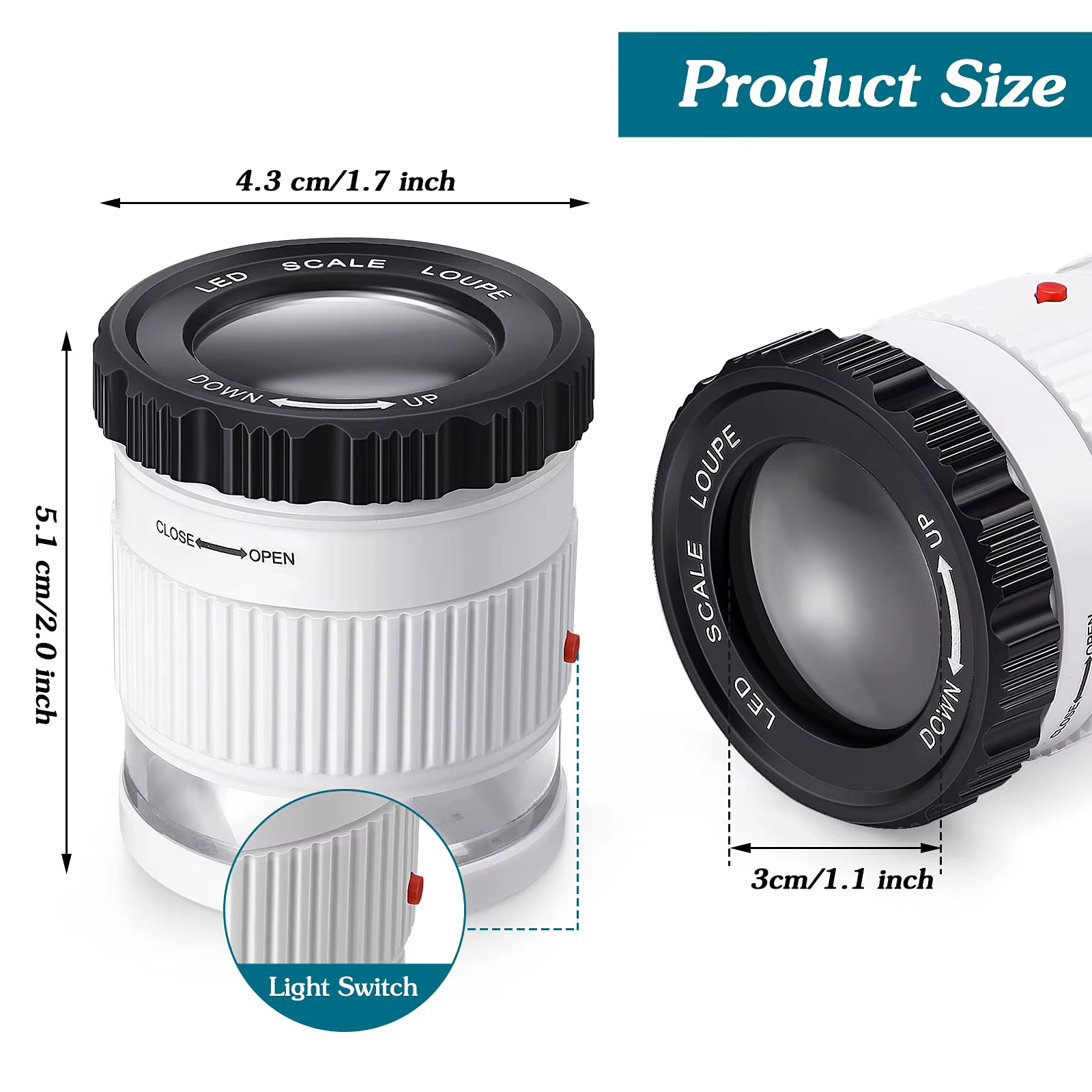 Loupe cylindrique portative 30X avec échelle LED lumière UV Loupe éclairée Focale réglable HD Loupe 