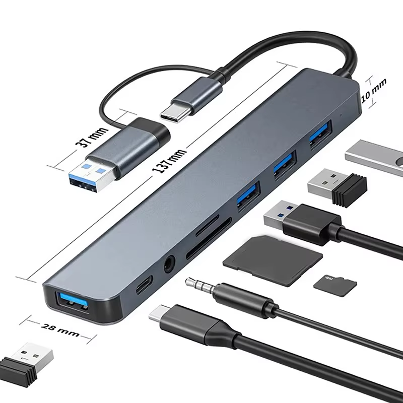 Hub d'extension USB C multifonctionnel 8 en 1 avec 4 connexions USB, port USBC et lecteur de carte T