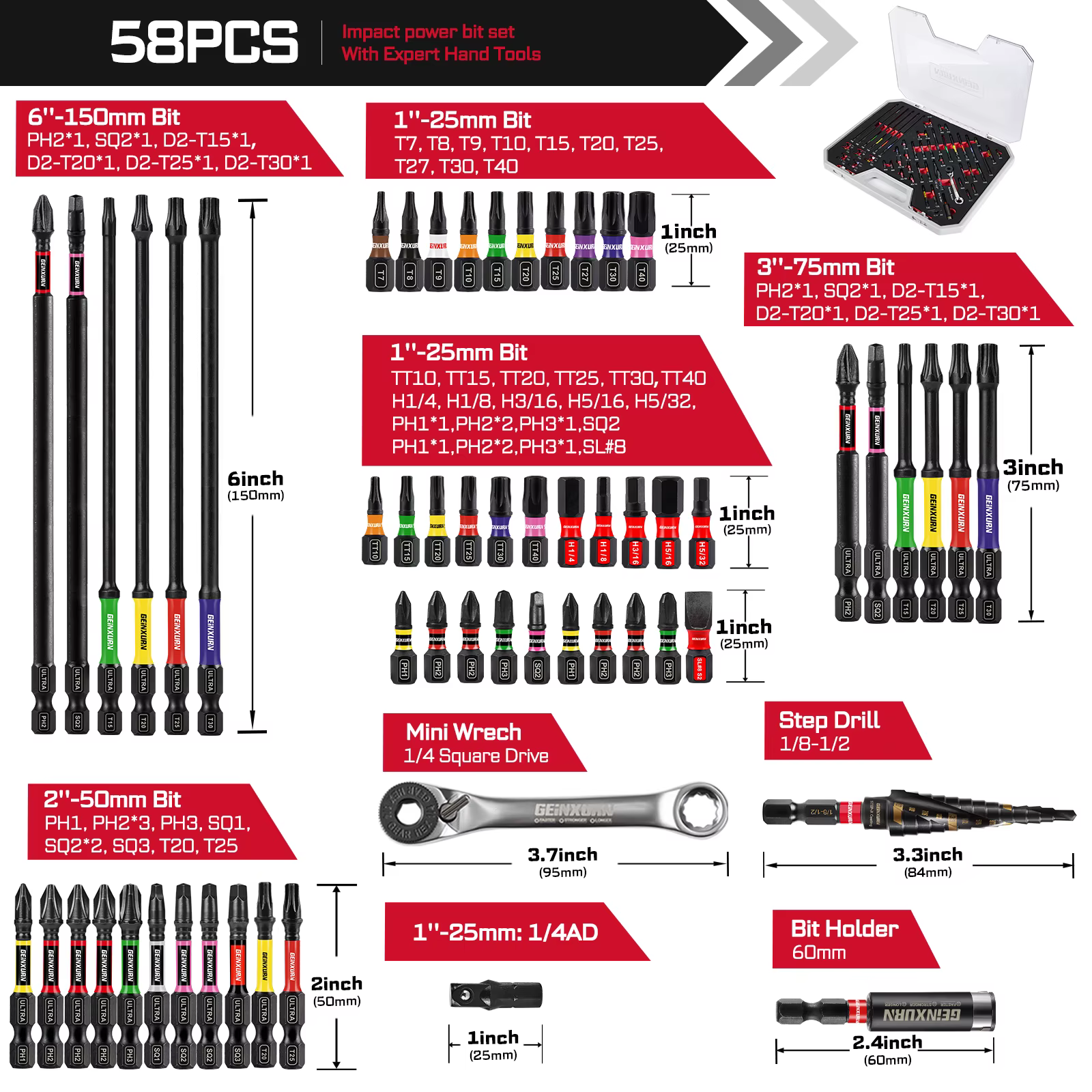 Geinxurn 58 pièces ensemble d'outils emballés avec des embouts de tournevis à percussion, Mini Wrech