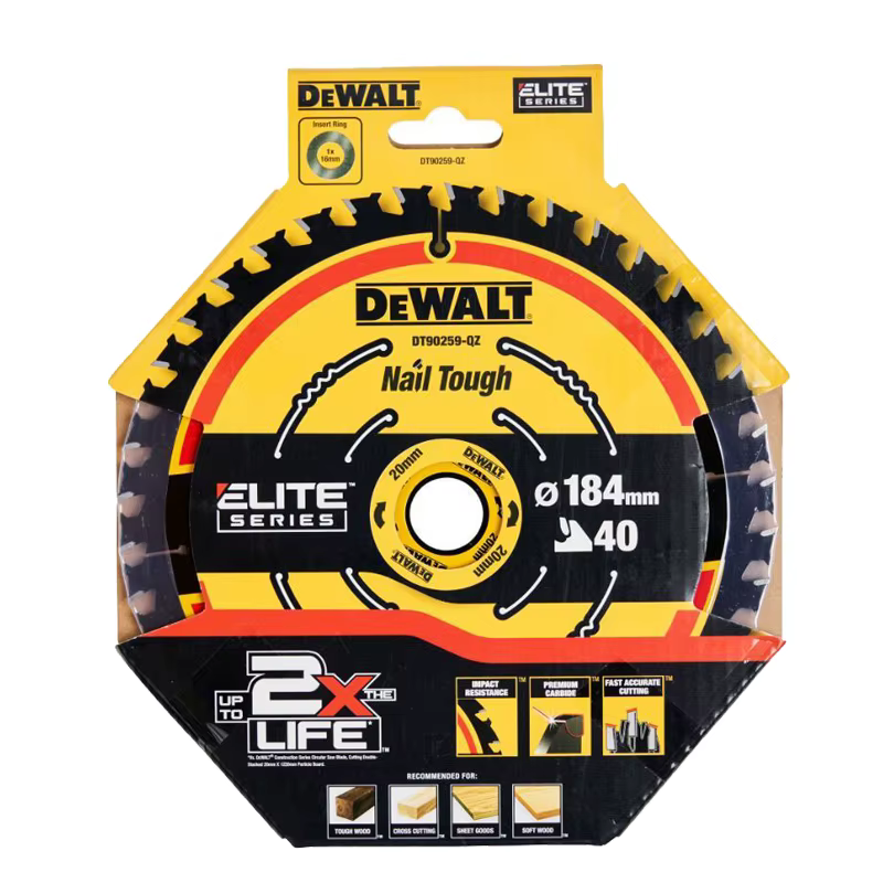 DEWALT DT90259 Lame de scie circulaire ELITE 184 mm x 20/16 mm 40 T réduit les éclatures Lame de sci