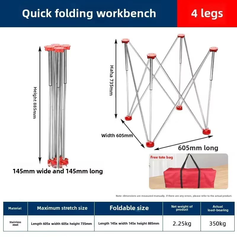 Établi pliable avec pieds araignée et menuiserie en acier inoxydable pour les opérations multifoncti