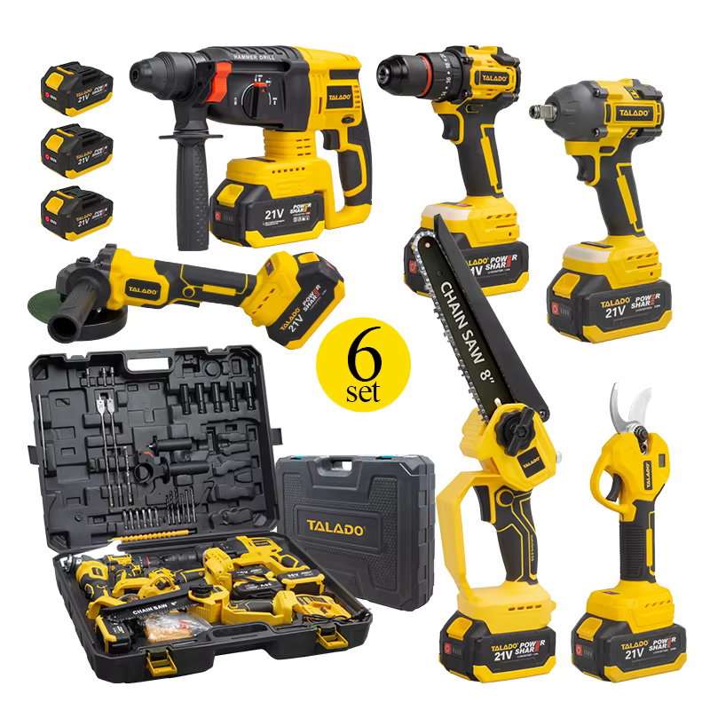 Ensemble d'outils électriques 20V 6-en-1 pour chantier : clé à chocs, perceuse, tronçonneuse, meuleu