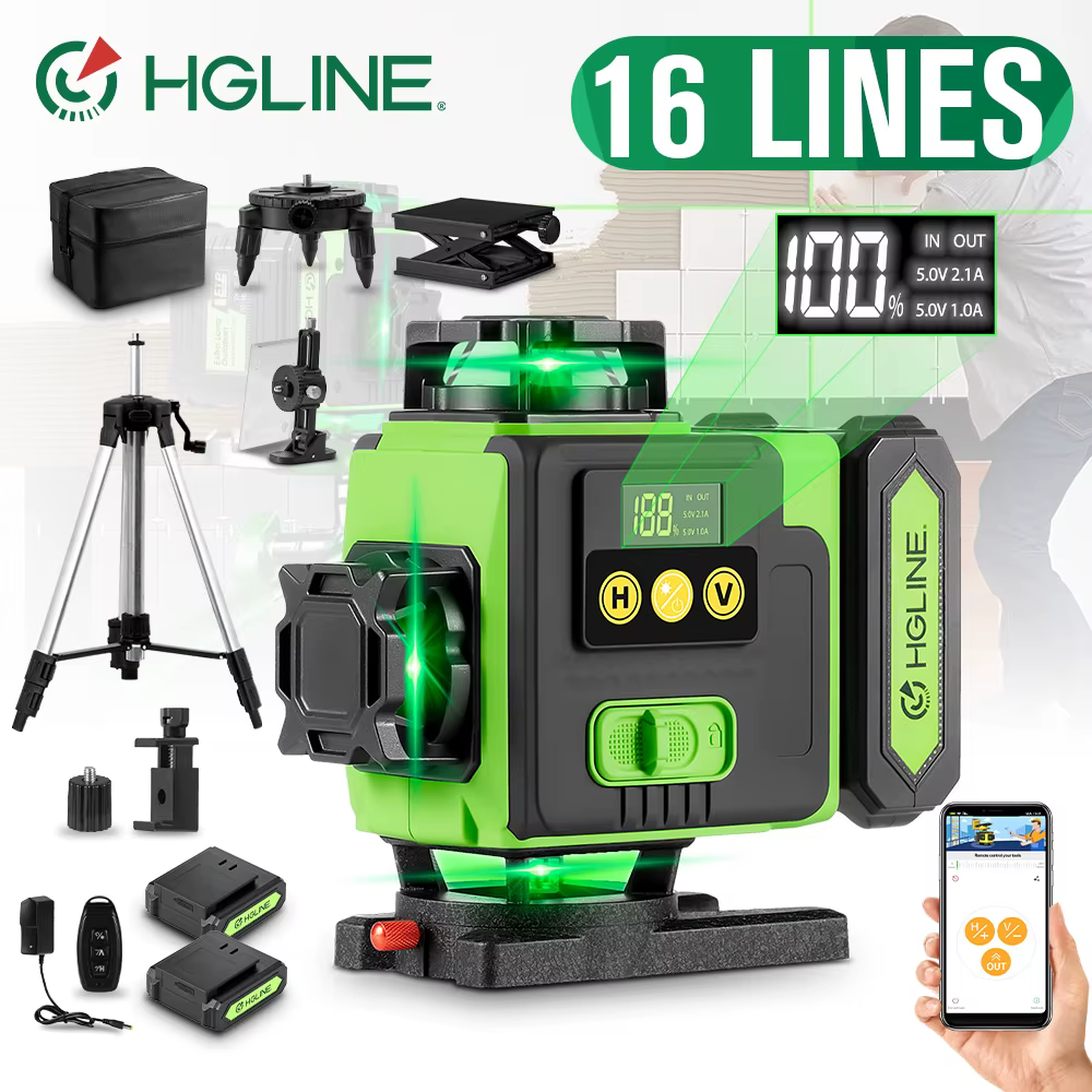 Niveau laser 4D HGLINE 16 lignes, contrôle à distance par application, rechargeable, auto-nivelant, 