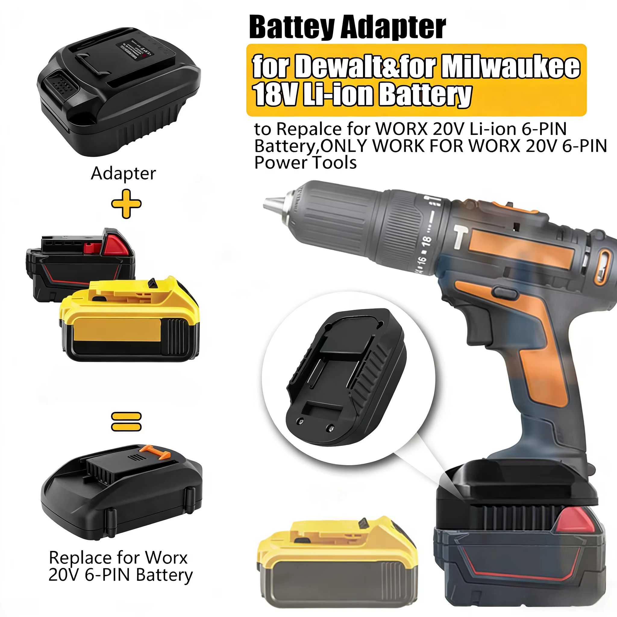 Adaptateur de batterie DM18WORX6PIN pour Dewalt 20V pour convertir la batterie Li-ion Milwaukee 18V 
