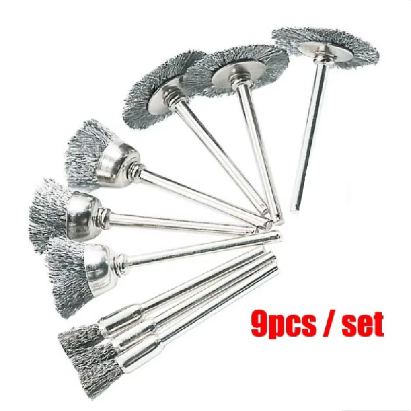 Lot de 9 mini-brosses métalliques pour perceuse, outil rotatif, brosse de nettoyage, roue de décapag
